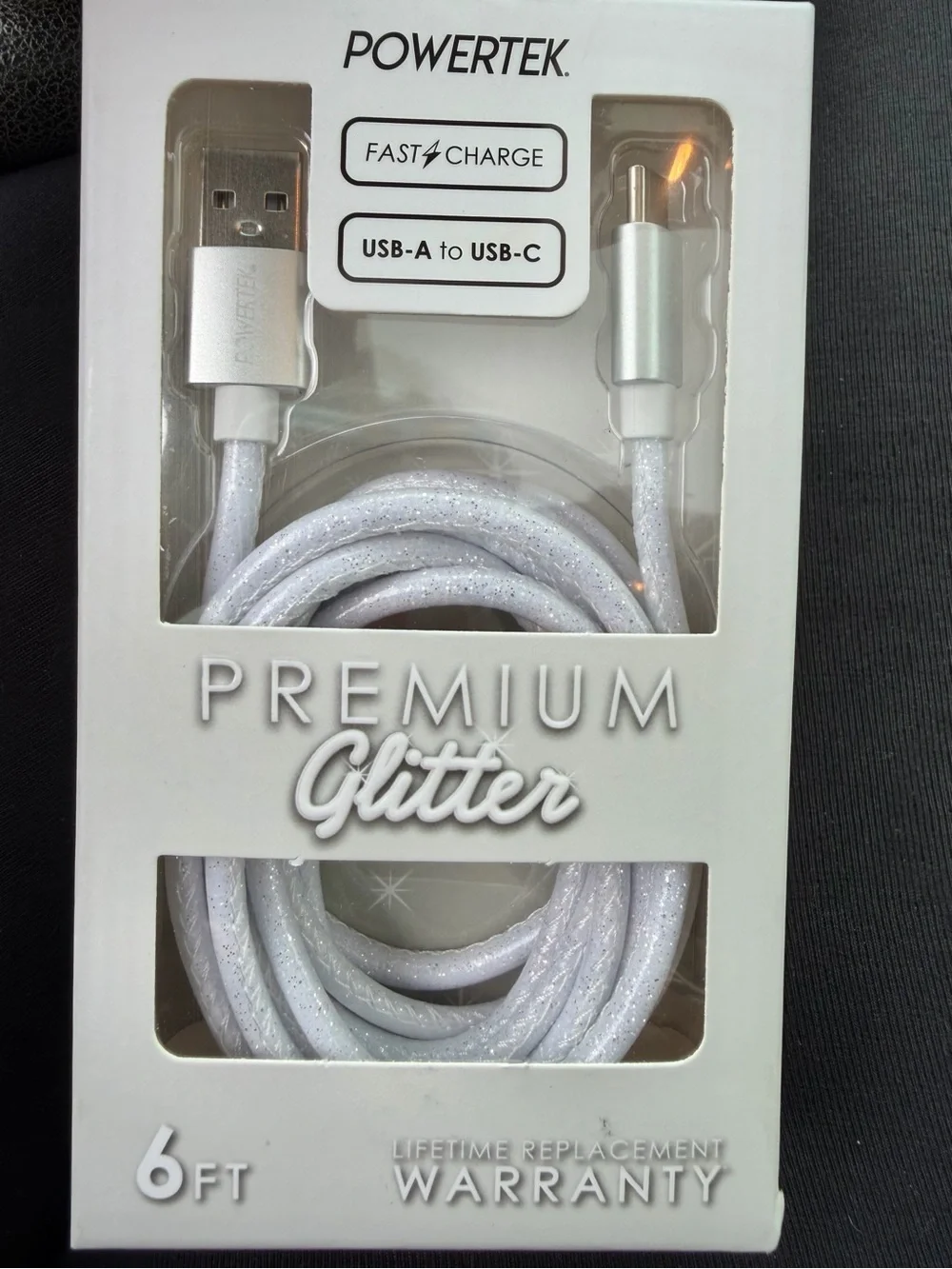 NEW Powertek Premium Glitter USB-A to USB-C Cable — White/Silver.